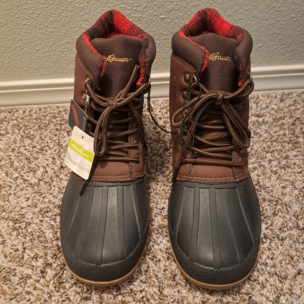 Eddie Bauer Men's Donner Duck Boots Brown Waterproof Plaid Lined‎ New Size 9